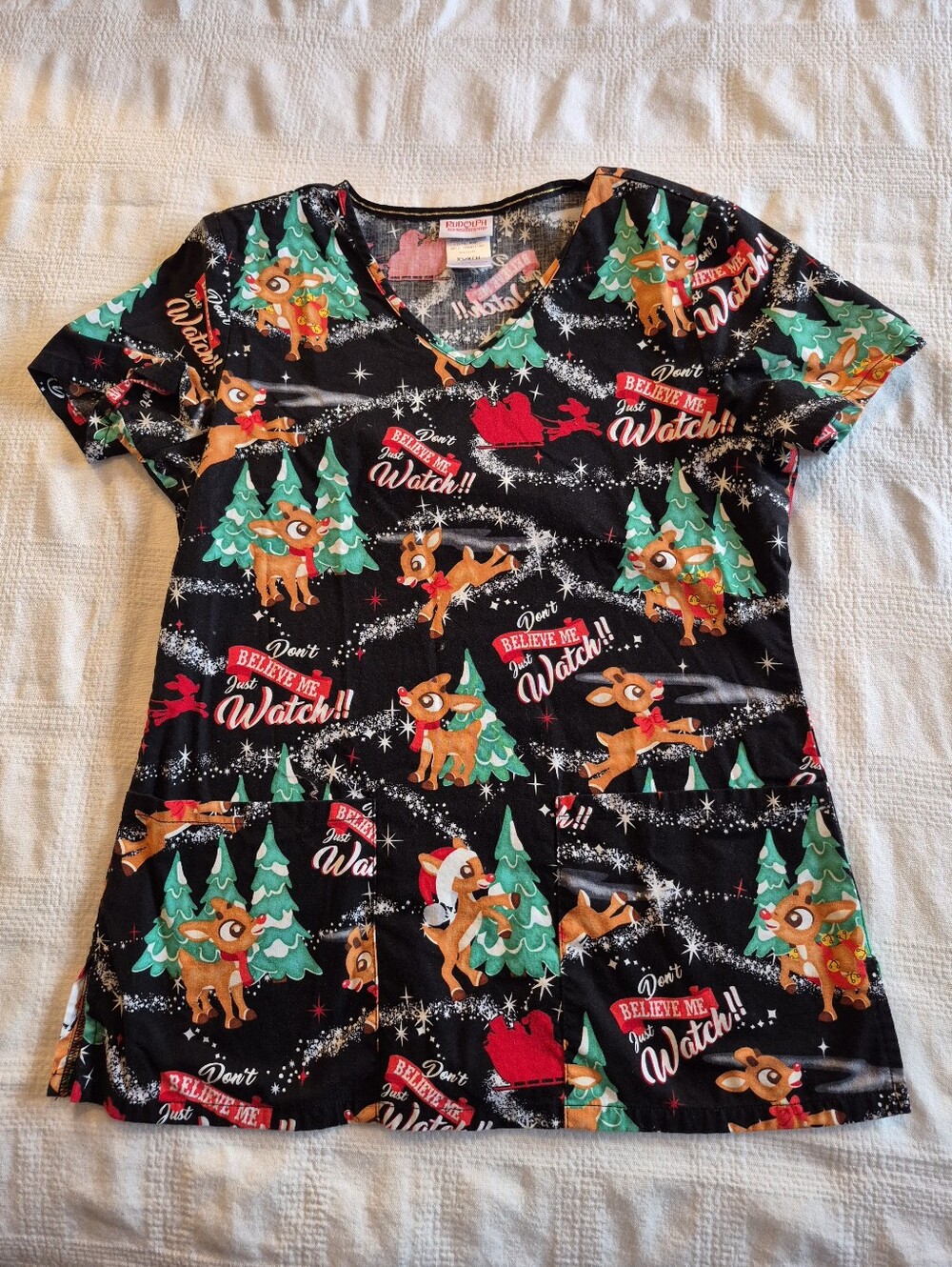Rudolph women's XS multi color scrub top uniform shirt holiday print EUC